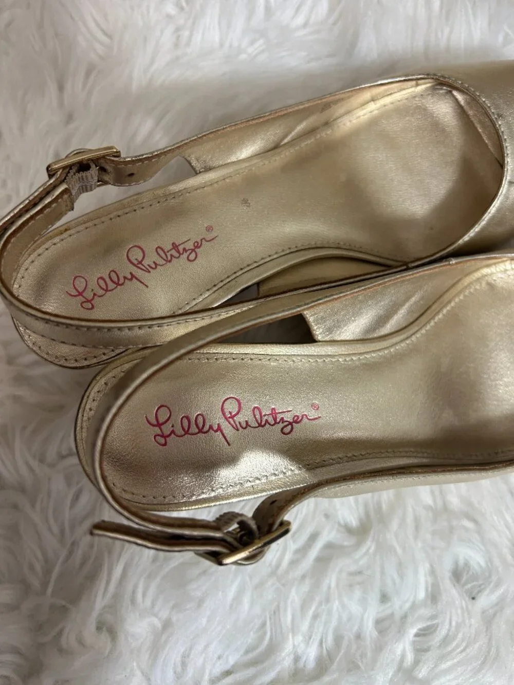 Lilly Pulitzer size 8 Wedge Sandals Gold Metallic Espadrilles Peep Toe leather